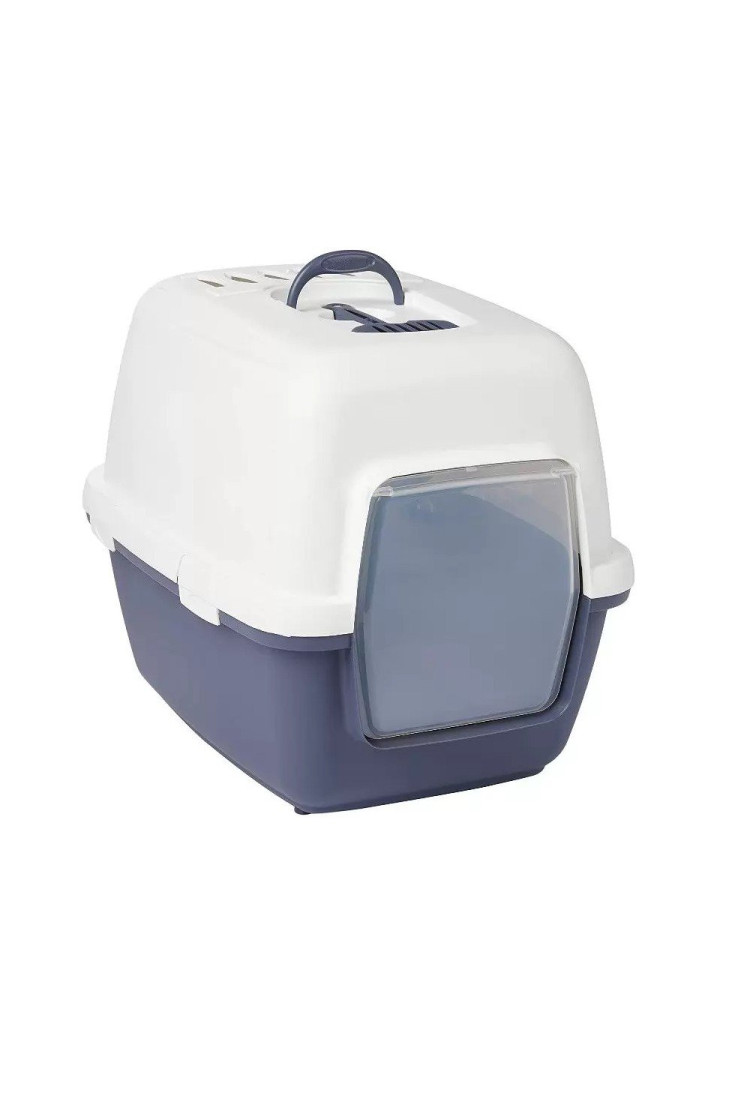 Chalesco Banheiro Fechado para Gatos, Azul Marinho / Branco, Tamanho G