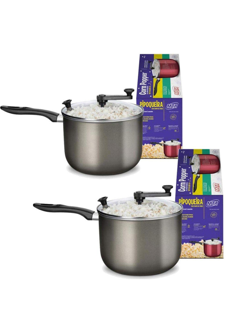 Kit 2 Pipoqueiras tampa vidro Antiaderente Mta 4,8 litros cor Grafite Cod. 1313