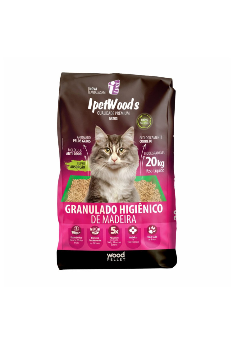 Granulado Higiênico Madeira Ipet Wood"s Gatos - 20Kg
